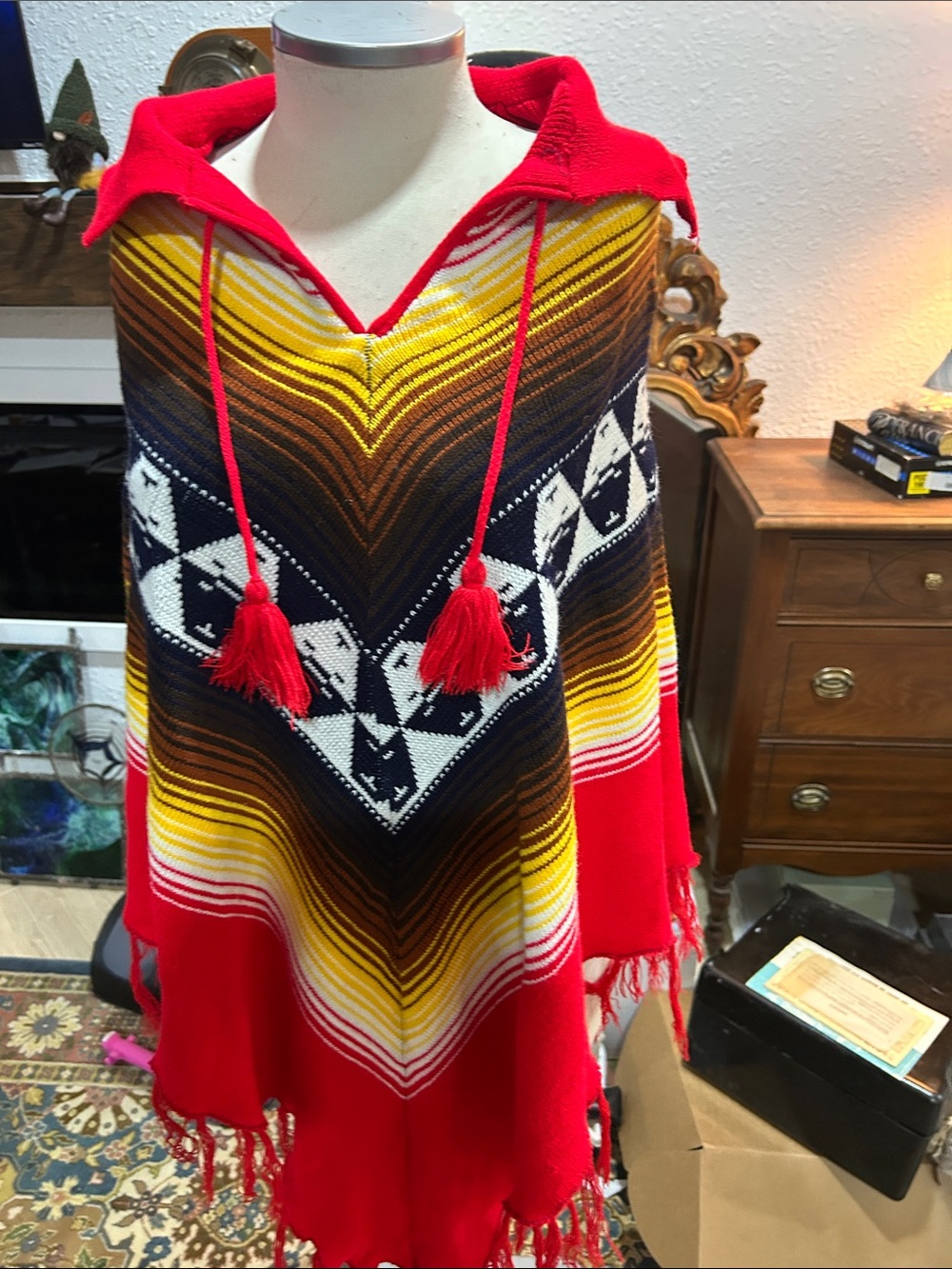 Red Hooded Aztec Poncho Sweater with Tassels  vintage